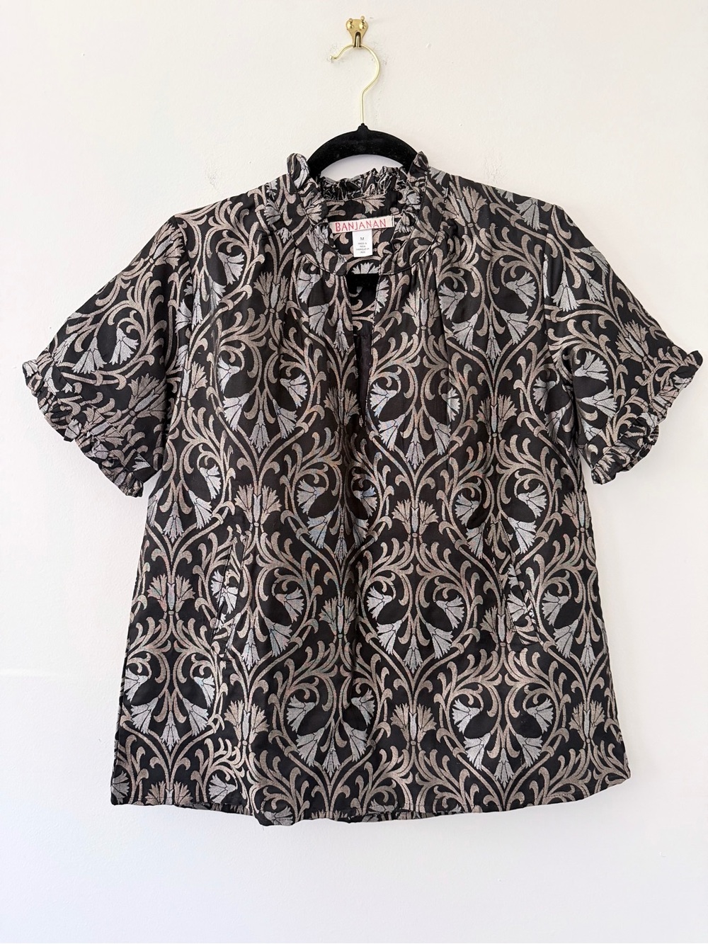 Banjanan 100% Silk Black & Gold Brocade Art Nouveau Ruffle Tunic Pockets Blouse